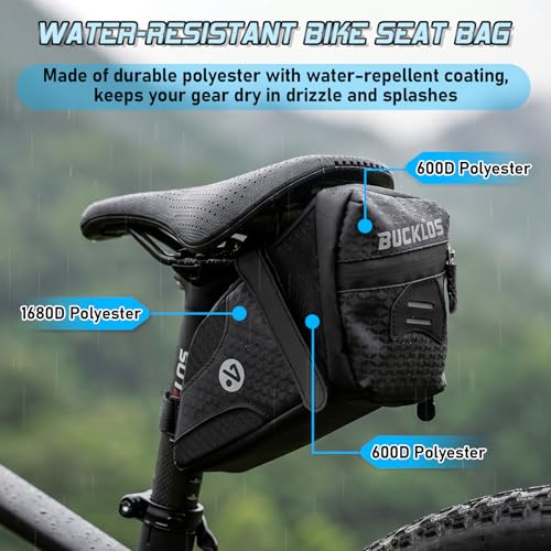BUCKLOS Bike Saddle Bag, 0.8L Water Resistant Under Seat Bag, 3D Shell 600D Polyester Cycling Wedge Pack with Reflective Strips & Taillight Hanger for Mountain & Road Bikes, Black by BUCKLOS - Image 2