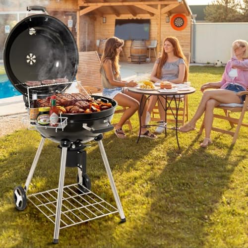 22 inch Premium Charcoal Grill, Outdoor Barbecue Kettle Grill, Smoker Grill Over 500 Square Inches 2-Tier Cooking Space, Perfect for Outdoor BBQ Party and Patio, Black - Thumbnail 2