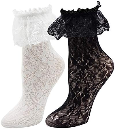 Lovful Women's Lace Anklet Sock with Ruffle, 2 Pairs Set,BlackWhite