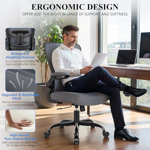 Image of FelixKing Office Chair, Ergonomic Desk Chair Breathable Mesh Chairs Adjustable High Back Lumbar Support Flip-up Armrests, Executive Rolling Swivel Comfy Computer Chairs Home Office Dark Gray