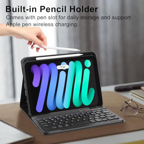 Image of SENGBIRCH iPad Mini 7th /6th Gen 2024 /2021 8.3-inch Bluetooth Detachable Keyboard Case with Rechargeable Pen Slot, Cute Cover with Detachable Keyboard for iPad Mini 7 /6, Black