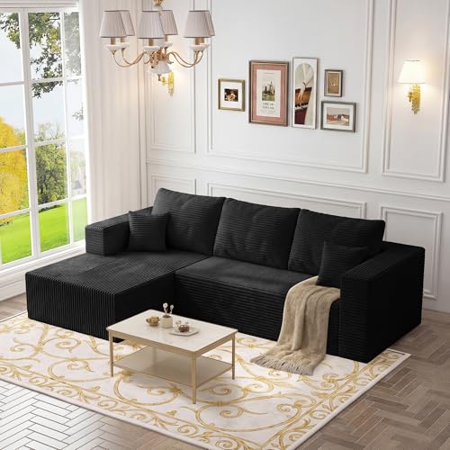Image of 108 inch Modular Cloud Couch,L-Shaped Sectional Sofa with Deep Seats & Chaise,Upholstered Corduroy Boneless Couch for Living Room,No Need Assembly,Black(Left Facing Chaise)