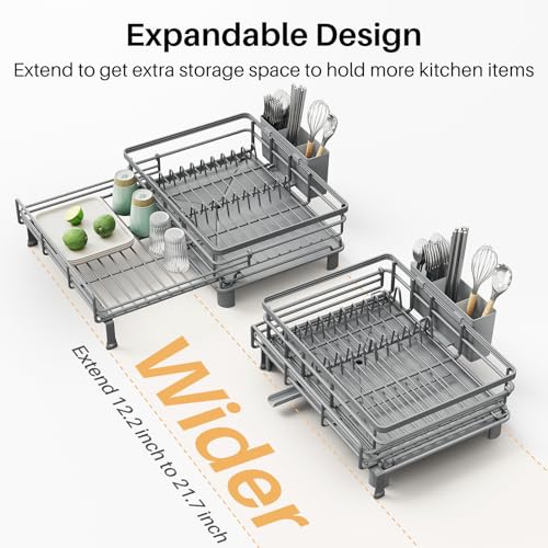 Image of SNTD Dish Drying Rack - Extendable Dish Rack, Large Sink Drying Dish Drainer for Kitchen Counter, Stainless Steel Dish Strainer with Utensil Holder (Grey)