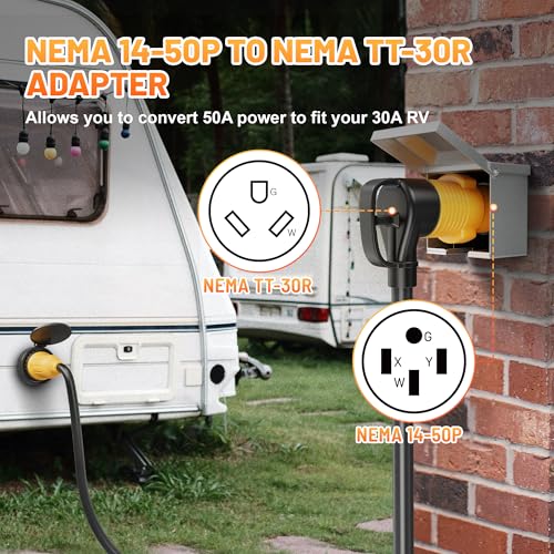 Image of MECMO 50 Amp to 30 Amp RV Adapter, NEMA 14-50P to NEMA TT-30R 50A Male to 30A Female RV Plug Adaptor Connector, 4 Prong RV Power to 3 Prong Electrical Converter for Travel Trailer Camper, 30A 125V