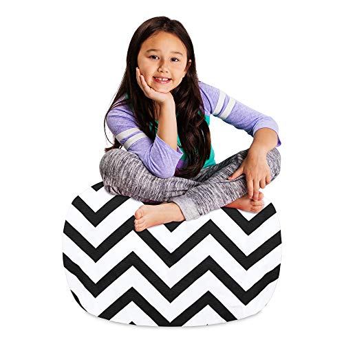 Posh Creations Kids Stuffed Animal Storage Bean Bag Chair Cover - Childrens Toy Organizer, Medium-27in, Canvas Chevron Black and White