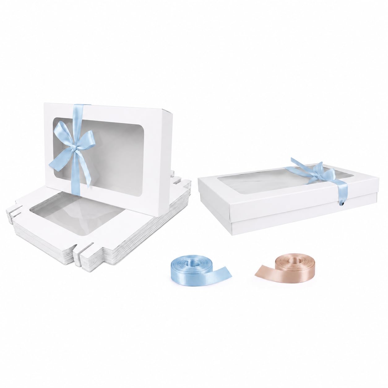 Emartbuy Pack of 12 White Gift Boxes with Clear Window Lid & Light Blue Satin Ribbon - Large Wide 29.5 x 22 x 4.5 cm - Recyclable Kraft Presentation Box for Hampers, Treats, Weddings & Favours