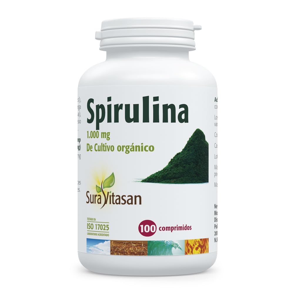 SURA VITASAN Spirulina 1.000 mg 100 Comprimidos – Alga Rica en Proteínas y Aminoácidos – Superalimento para la Vitalidad y Energía – Fuente Natural de Clorofila, Betacarotenos, Vitamina E y Hierro