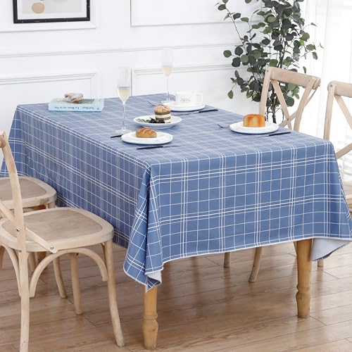 Image of Heavy Duty Vinyl Tablecloth with Flannel Backing Waterproof Oil-Proof Plastic Table Cloth Stain-Resistant Wipeable Rectangle or Square Table Cover for Indoor and Outdoor (Blue Grid,60x102 Inch)