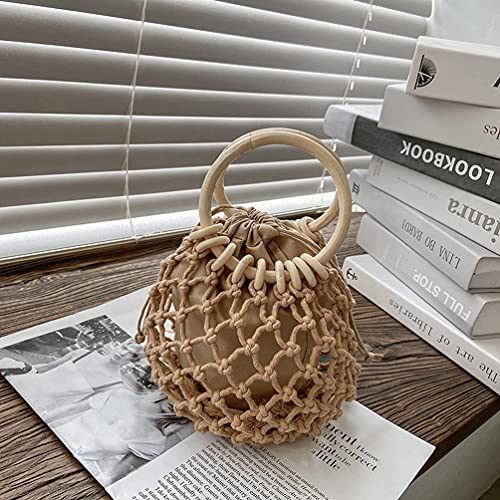 Bolso de mano tejido para mujer TONWHAR, elegante bolsa tote pequeña con asa redonda de madera para verano y playa miniatura 4