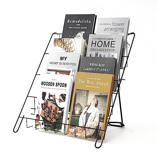 NEESEEYEE Wire Magazine Rack with 4 Open Tiers Book Signing Rack Tabletop Display Stand Holds Both Magazines and Brochures Display Rack Wire - Black