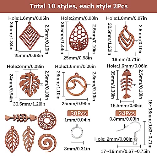 SUNNYCLUE 1 Box 74Pcs DIY 10 works Wood Leaf Charms Bohemian Wooden Charm Earrings Making Starter Kit Double Sided Hollow Leaves Charms Summer Ocean Wave Boho Charm for Jewellery Making Kits Women - Image 2