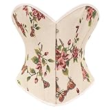 SHYMMUO Women Butterfly Print Vintage Beige Corset Lace Up Boned Overbust Renaissance Cotton Corset Tops S