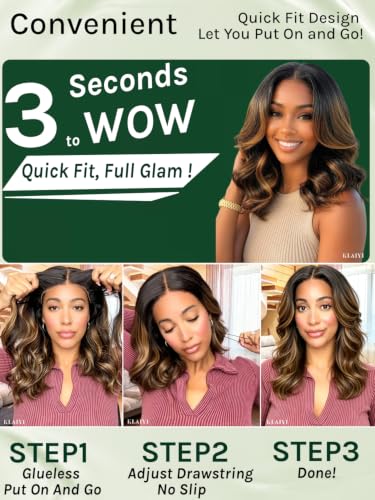 Image of KLAIYI Bye Bye Slip Ombre Highlight Balayage Brown Bob Body Wave Glueless Precut 7x5 Lace Front Wigs Human Hair Drawstring Pre Plucked Bleached Knots Face Framing 30S Ready to Wear and Go Wig 14Inch