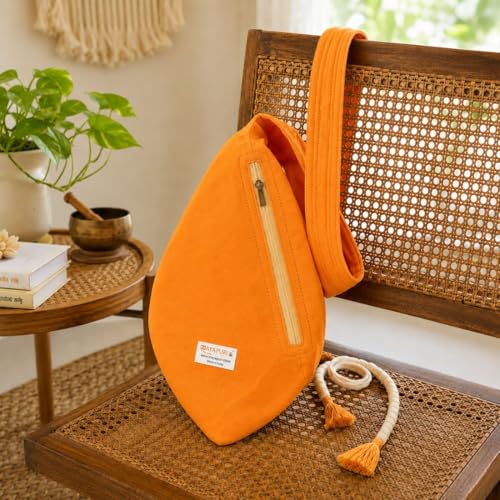 Image of Pure Cotton Original Gomukhi Japa Mala Bag, Chanting Bag or Prayer Beads Bag with Zip Pocket and Sakshi Mala Counter (Saffron Bhagwa)