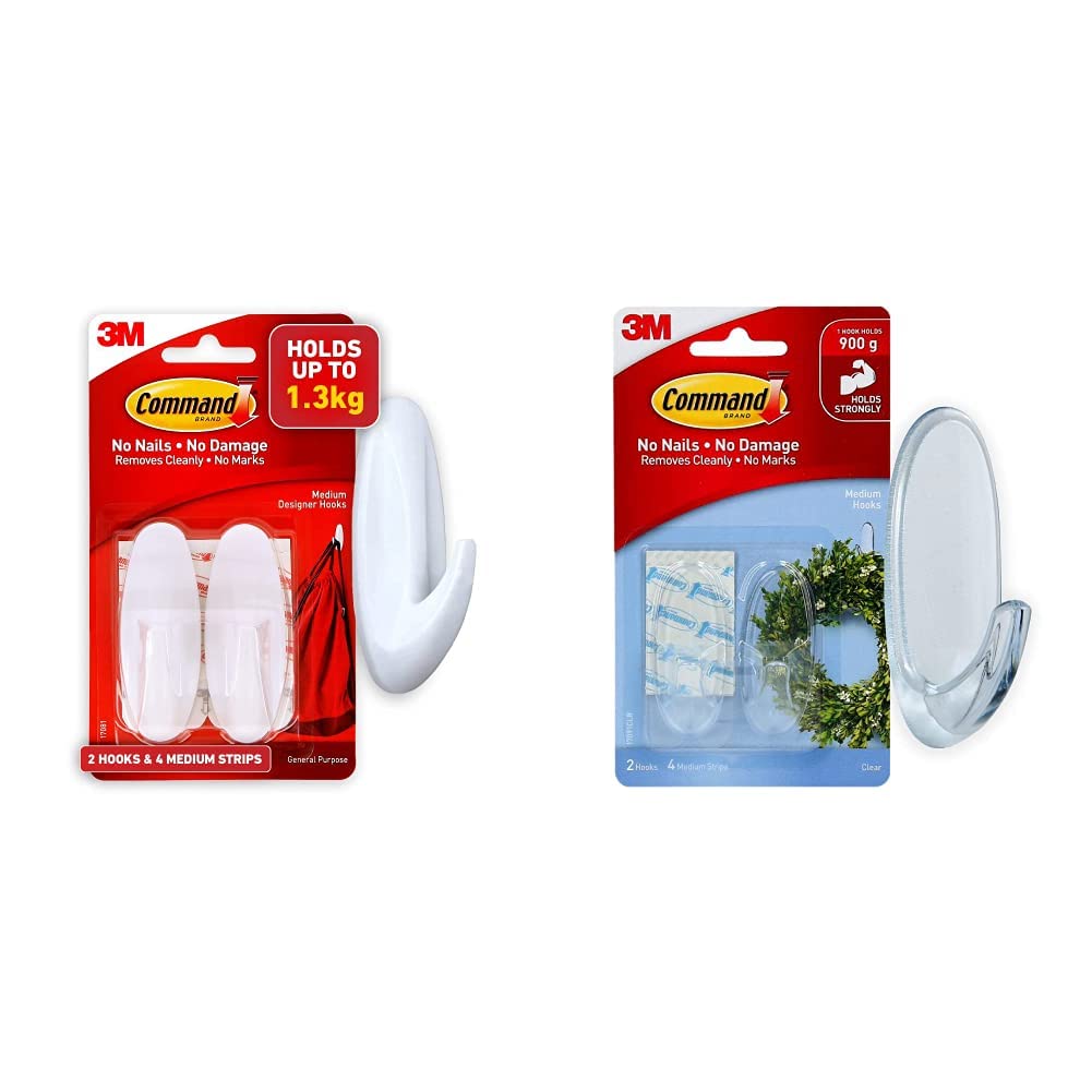 CommandMedium Hook, Pack of 2 Hooks and 4 Adhesive Strips, Transparent - Damage Free Hanging - Holds up to 900 gm & Command 17081 Damage Free Medium Hooks 2 Pack, White