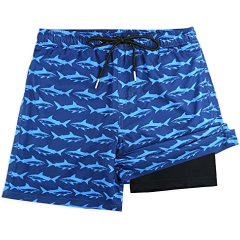MILANKERR Boys Swim Trunks Size 14-16 Compression Liner Boys Swimsuit with Compression Anti Chafed 6" Boys Swim Shorts(B-Blue Shark,14-16) Cover
