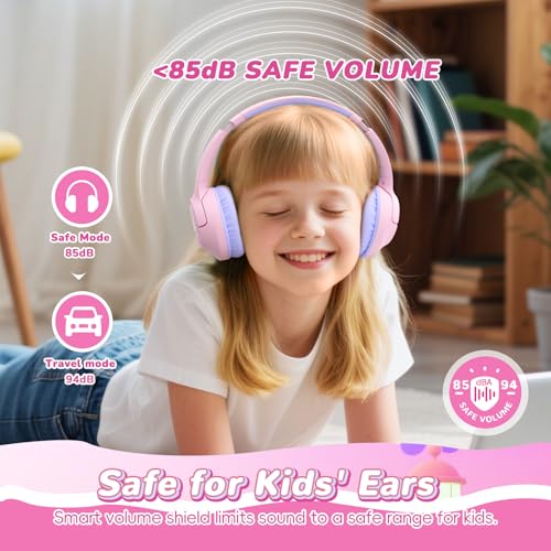 Image of Kids Bluetooth Headphones, 85H Wireless Headphones for Kids, Colorful LED Lights, 85 /94dB Safe Volume Limit, Bluetooth 5.4, Over Ear Toddler Headsets with Built-in Mic for Tablets Airplane,Pink