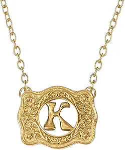 14K Gold Belt Buckle Necklace Western Style Initial Letter Pendant Necklace, Decorative Belt Buckle Frame Design