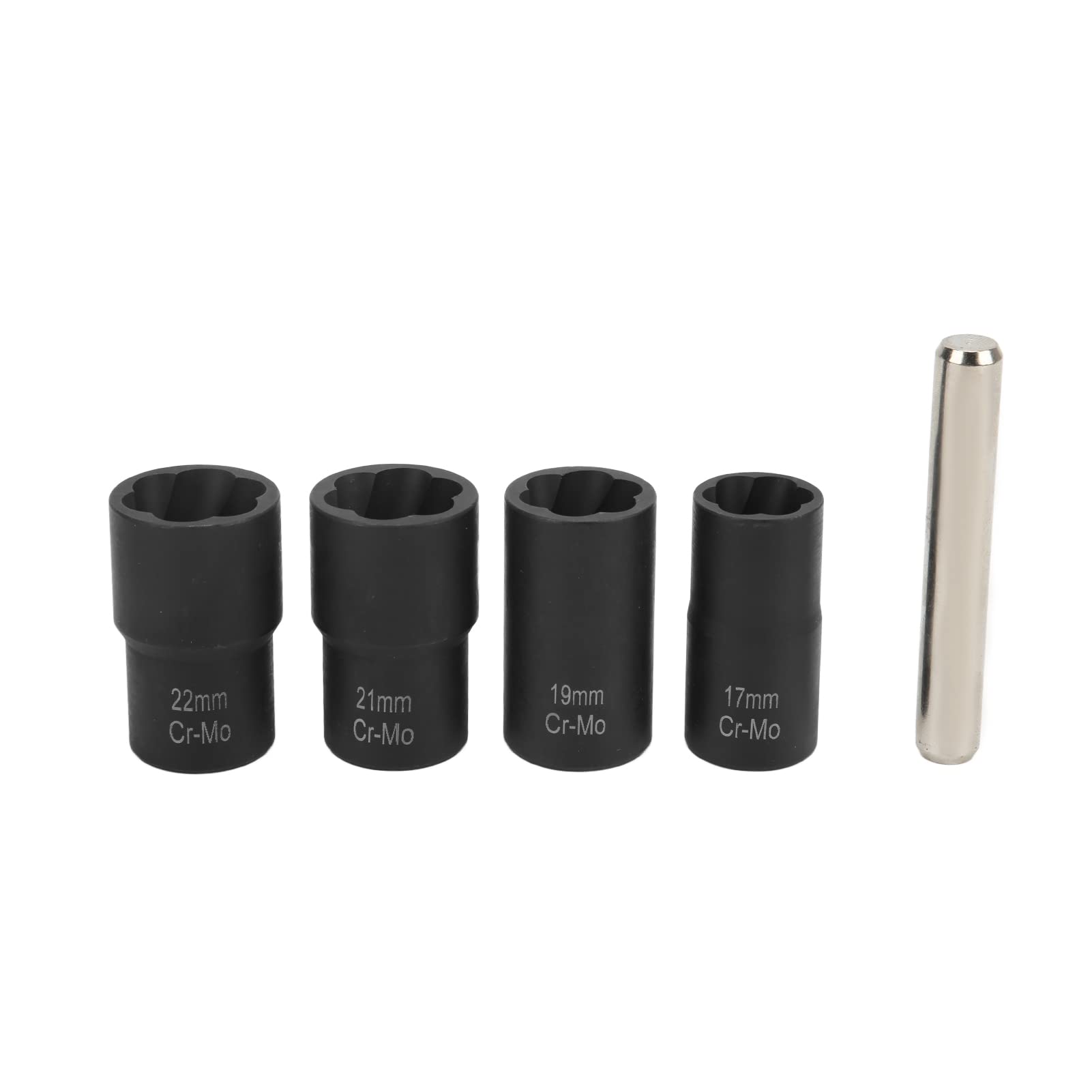 Zestaw 5 nakrętek śrubowych, zestaw narzędzi do wyciągania udarowego z napędem 1/2 cala, zawiera nasadki 17 mm, 19 mm, 21 mm i 22 mm, do konserwacji, wykonany z wytrzymałej stali chromowo-molibdenow