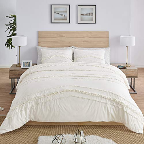 Image of Bohemian Boho Chic Ivory Macrame Tufted Tassel 3 pc. Full / Queen Size Bed Bedding Set Duvet Comforter Cover Sham Solid Cream Textured Minimalist Off White Cotton Fringe Farmhouse Indie Neutral Rustic