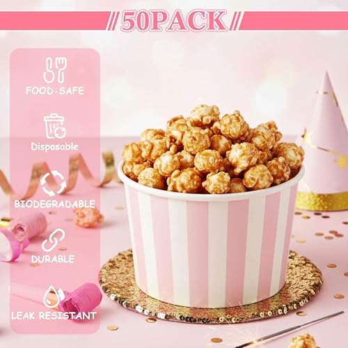 Image of Zopeal 50 Count Light Pink Striped Ice Cream Cups Disposable Dessert Bowls | 9 oz Paper Ice Cream Bowls, Birthday Party Supplies, Snack Cups Sundae Picnic Yogurt Bowls for Food