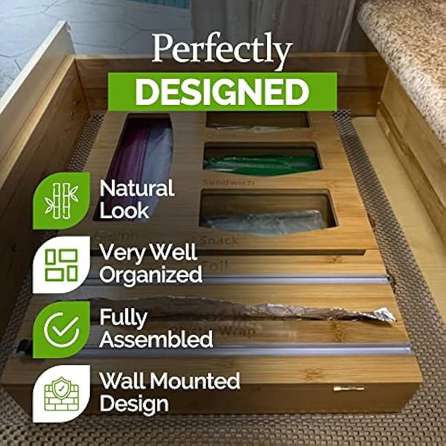 Bamboo Drawer Organizer for Ziplock Bags - Foil and Plastic Wrap Organizer Meal Prep Bag for Food Packet - Storage Holder Plastic Wrap Dispenser with Cutter Aluminium foil Kitchen Organizer