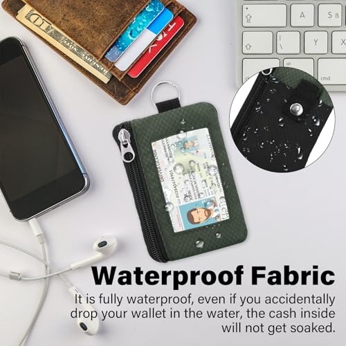 Image of Minimalist RFID Wallet with Lanyard, Multi-Functional ID Case with 2 Zipper Pockets and Key Chain for Men and Women, Tactical Badge Pouch Cards Holder, Coin Purse for Travel Sports - Black&Army
