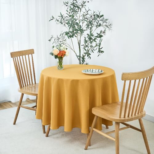 Image of maxmill Round Weaved Texture Design Tablecloth Spill-Proof Wrinkle Free Soft Washable Table Cloth for Circular Table Cover, for Dining Room Banquet Parties Holiday Dinner, 90 Inch Ochre Yellow