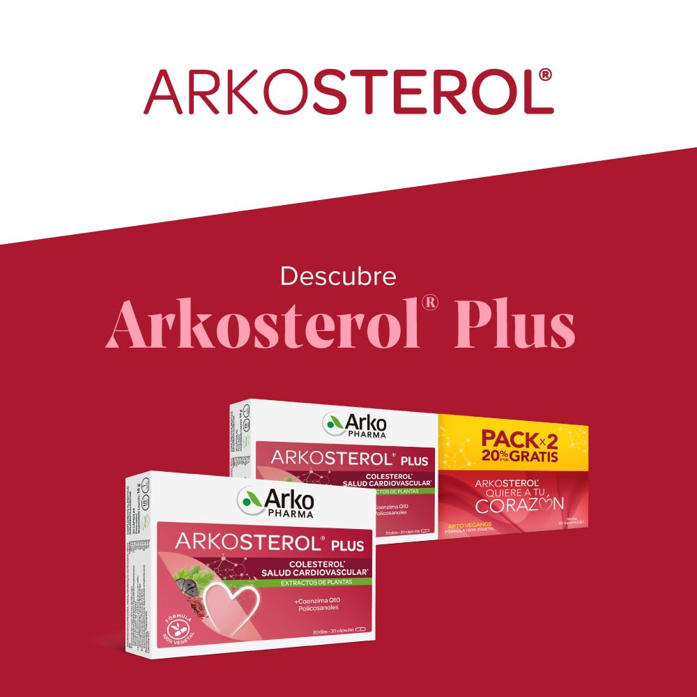 Arkopharma - Arkosterol Plus, Pack 2 x 30 Cápsulas, Complemento Alimenticio para Colesterol, Coenzima Q10 + Policosanoles, con Levadura Roja de Arroz y Ajo Negro, Fórmula Vegetal, Apto para Veganos