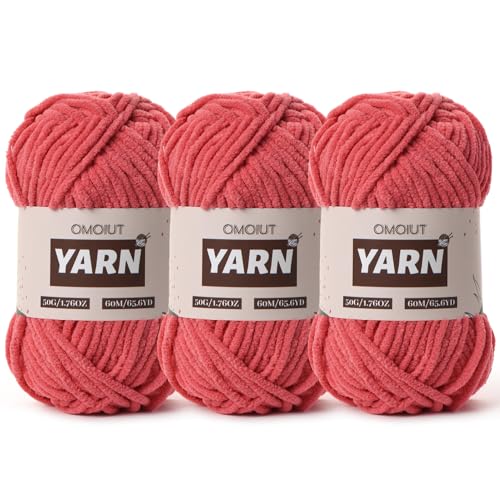 Image of 3 Packs Plush Chenille Chunky Crochet Yarn - Baby Yarn for Crocheting Soft - Velvet Yarns Knitting for Blankets Crafts - Fluffy Amigurumi Yarns 150g / 196.8yds (3 Watermelon Red)
