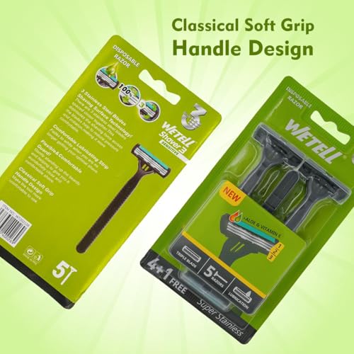 Image of WETELL Triple Blade Disposable Razors for Men | 3-Blade Shaving Razor with Aloe & Vitamin E Strip | Super Stainless Blades | Pack of 5 (4+1 Free) (WT202538)