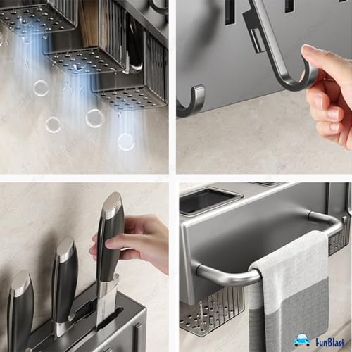 Image of FunBlast Wall Mounted Shelf for Kitchen Utensils Rack with Towel Hanger, Spatula Ladle Hanging Hooks, Cutlery Holder, Floating Shelf for Kitchen Utensils - 60 x 7 x 6 cm