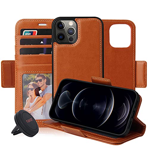 Navor Universal Car Mount & Detachable Magnetic Wallet Case with RFID Protection Compatible for iPhone 12 / iPhone 12 Pro [6.1 inch] [Vajio Series]-Brown