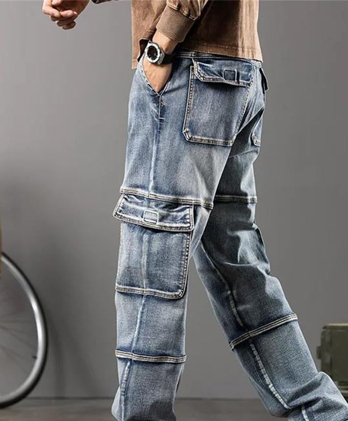 Men Outdoor Work Jeans Wide Leg Multi Pocket Denim Pants Straight Fit Casual Loose Fit Trousers2