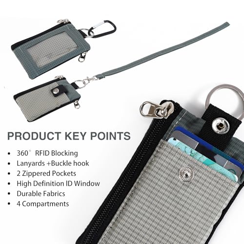 Image of MASAPHlL Small Lanyard Wallet for Women /Men with RFID Blocking ID Badge Holder, Minimalist Nylon Zipper Pouch, Traval Neck Wallet with Keychain, ID Window for Card,Coin,Cash (Gray+Dark Gray)