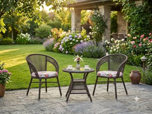 Image of India 3 Piece Outdoor Braid and Rope Patio Furniture Set Balcony Garden Lawn Deck Poolside Cafe Seating (Brown with Floral Cushion)