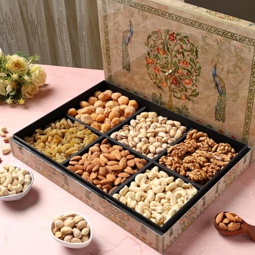 Image of Riwaz Green Peacock Dry Fruits Gift Box | Elegant Enamel Green Designer Packaging | Assorted Almonds, Cashews, Pistachios, Walnuts, Raisins & Khumani | Ideal for Rakhi, Diwali, Eid & Festive Gifting