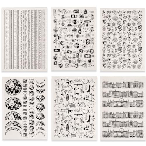 SUPERDANT 6 hojas de transferencia de cerámica negra bajo esmalte de 52 x 37 cm de cerámica de diapositiva de agua Calcomanías recortadas Mezcla Luna flor casa gato para estudio artesanía tazas