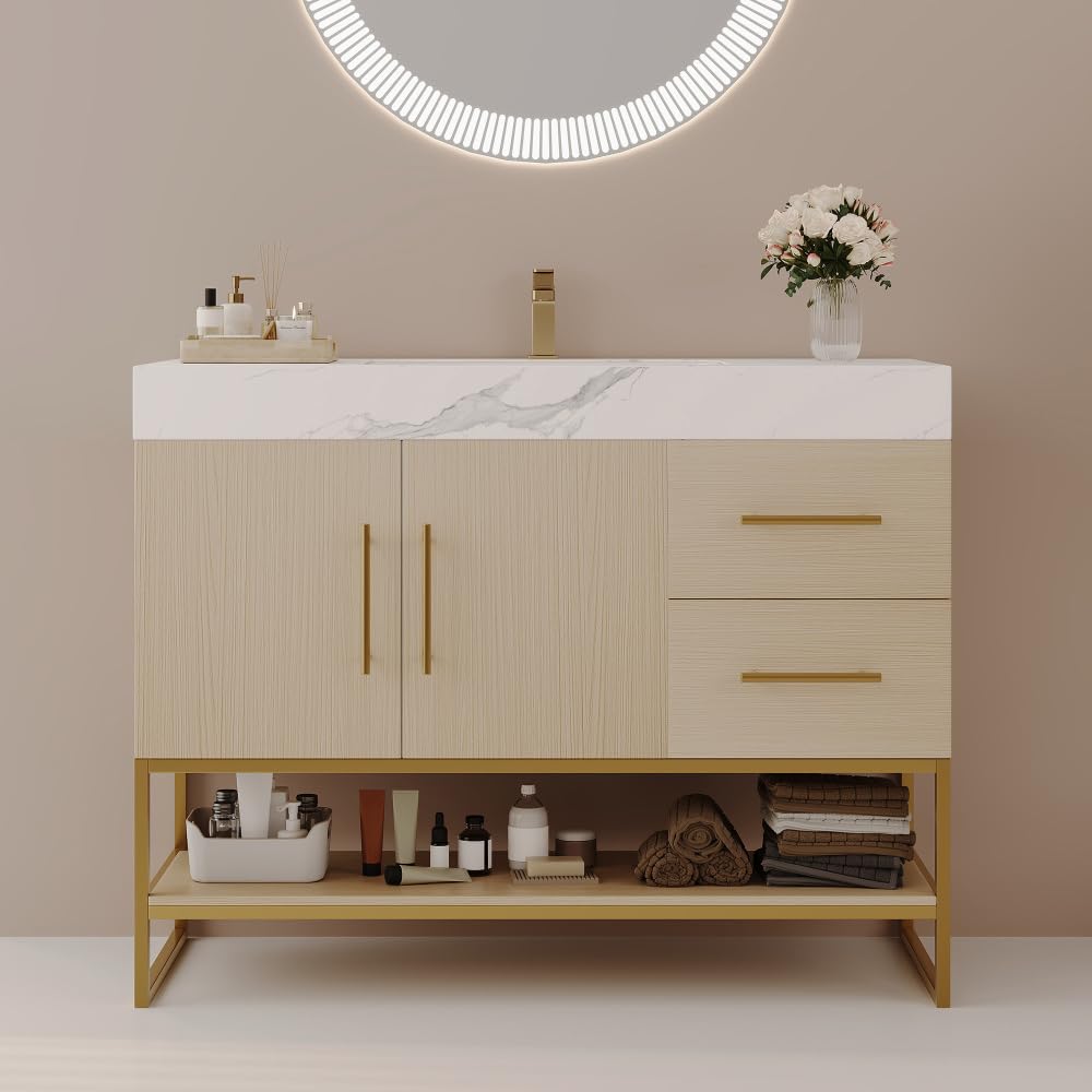 36" Modern Bathroom Vanity - Seamless Ceramic Sink Freestanding Cabinet, Gold Accents Faux Marble Top, Contemporary Style for Bathroom