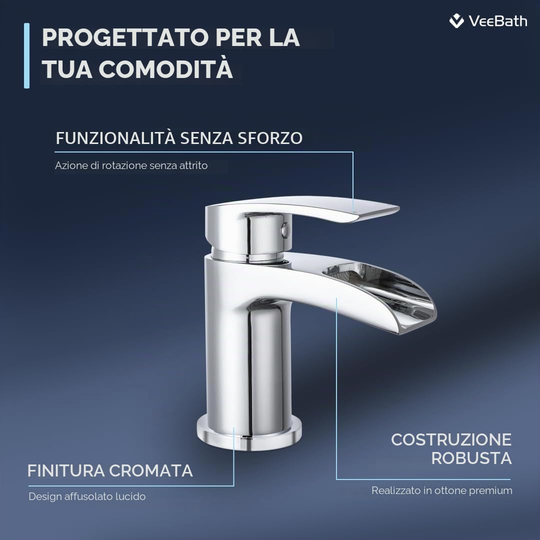 VeeBath Stream - Rubinetto miscelatore monocomando rotondo a cascata, finitura cromata, monocomando, rubinetto moderno per lavabo con scarico, rubinetto da bagno, design contemporaneo per lavabi da