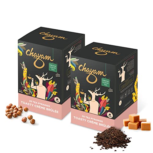 Image of CHAYAM Creme Brulee | Vanilla Caramel Black Tea with Hazelnut and Cocoa Nibs | 40 Pyramid Tea Bags | Dessert Tea | Zero Calorie | No Added Sugar | 100% Natural