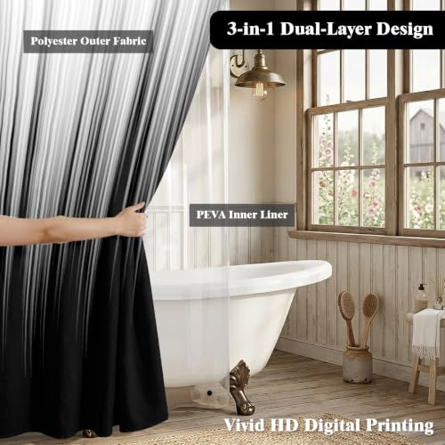 Image of AAtter 3 in 1 Black White Gothic Shower Curtain Set, 72x72 Inch, 12 Hooks | Polyester Fabric with PEVA Liner, Dark Grey Ombre Pattern, Modern Abstract Style, Standard Bathroom Decor for Men