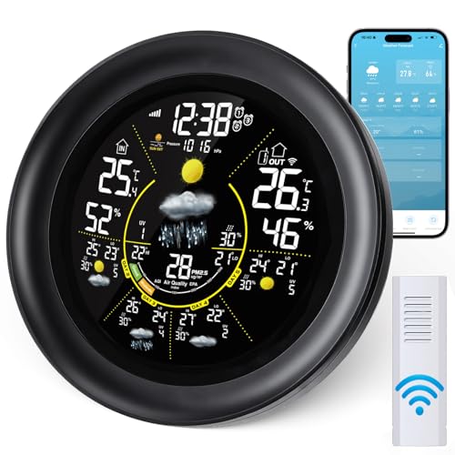 Yaskyly WiFi Weather Stations with Outdoor Sensor Wireless UK Temperature Humidity Monitor with Air Pressure, Rainfall, UV Index, 5 Days Weather Forecast, PM2.5/AQI, Sunrise/Sunset, Date, 3 Alarms
