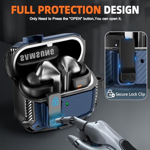 Image of Safety Lock Case for Samsung Galaxy Buds3 FE /Pro /3 (Blue) | Compatible with MagSafe, Carbon fibre texture Design,with Phone Stand& Cleaning kit,Keychain,