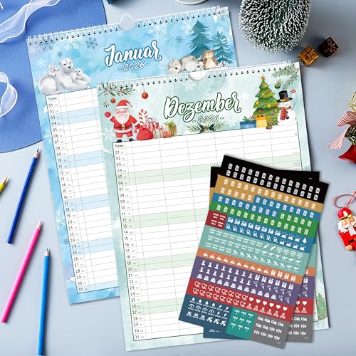 Familienplaner 2026 - Familienkalender 2026 6 Spalten, Kalender 2026 familienplaner Januar - Dezember 2026, Aquarelliertes Tiermotiv, 33cm×44cm,Geeignet für Haus, Büro und Schule