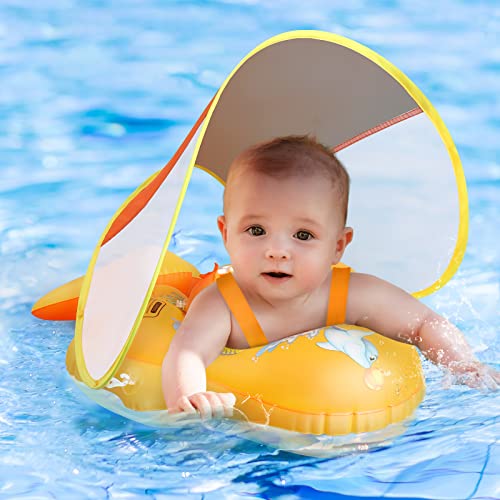 Image of No Flip Over Baby Pool Float with Canopy UPF50+ Sun Protection, Inflatable Baby Float with Sponge Safety Support Bottom, Fun Gifts Water Toys Accessories Baby Swim Floats for Pool 3-36 Months