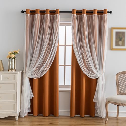 Image of Anytime Double Layer Blackout Curtains 2 Panels,52Wx108L,Orange | Sheer And Fabric Window Drapes Grommet Top Solid Color Bedroom Living Room Home Decor