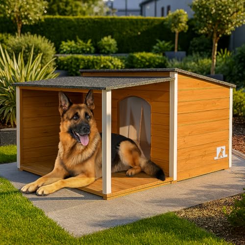Outentin Hundehütte Isoliert Winterfest XL - Hundehaus mit Flachdach & Terrasse Für Große Hunde - Stabile Hütte für Draußen - Wetterfest Haus mit Wärmedämmung - 123 x 105 x 73 cm - Eiche