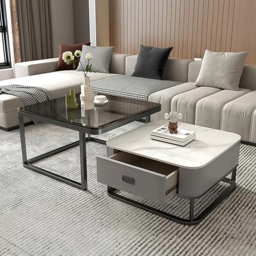 Mesa de centro con almacenamiento, mesas nido redondas multifuncionales, vidrio templado y parte superior de mármol, ideal para sala de estar, dormitorio, oficina