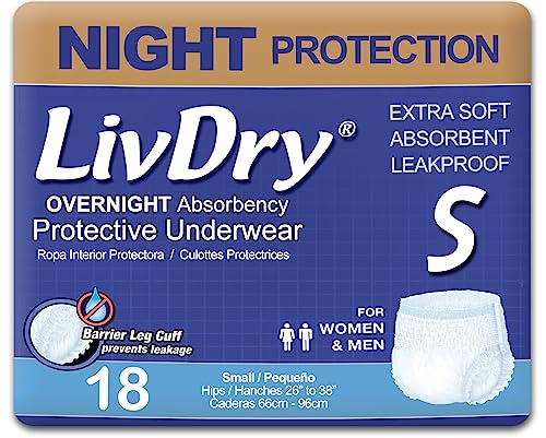 Image of LivDry Adult S Incontinence Underwear, Overnight Comfort Absorbency, Leak Protection, Small, 18-Pack